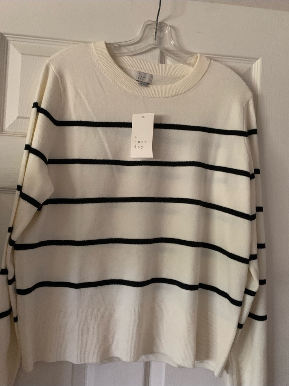 a new day Cream and Black Striped Crewneck Pullover